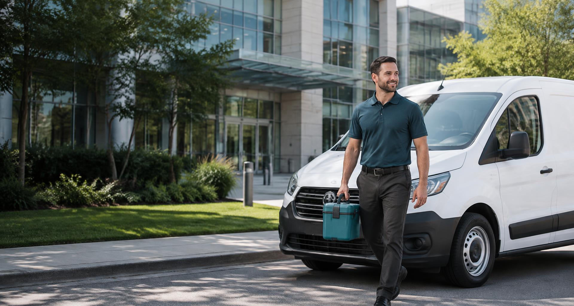 Professional medical courier with a secure transport case beside a delivery van outside a healthcare facility