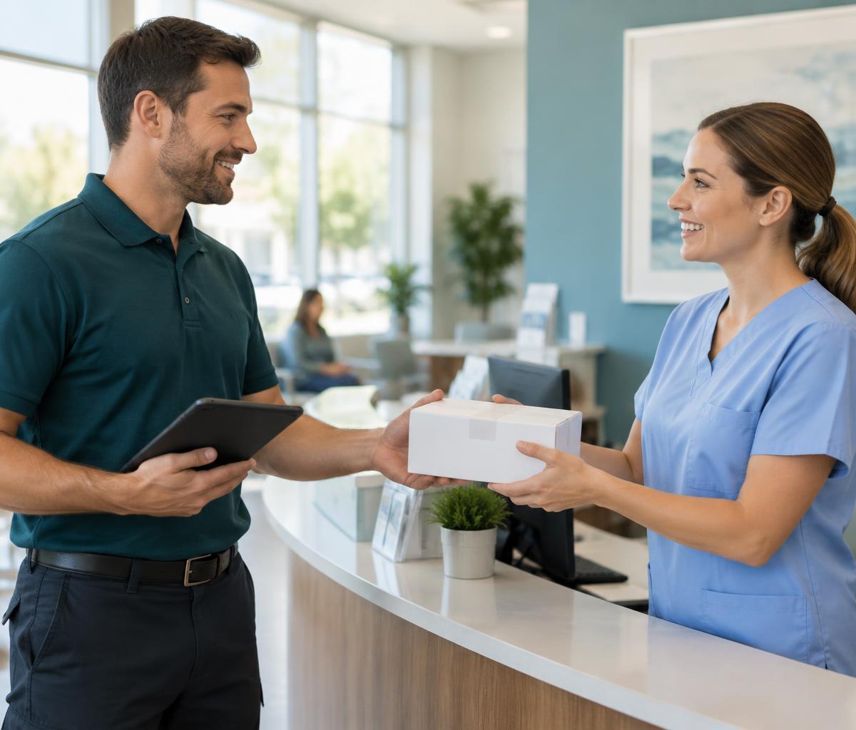 A professional medical courier handing a sealed delivery to a healthcare professional